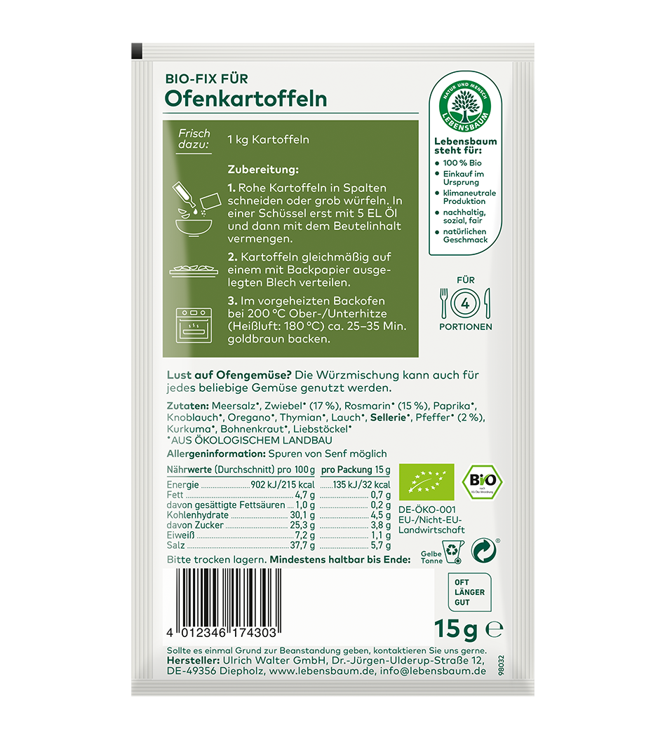 Bio-Gewürzmischung Ofenkartoffel 15g von Lebensbaum mit Meersalz, Zwiebel und Paprika in weißer Sachets-Verpackung