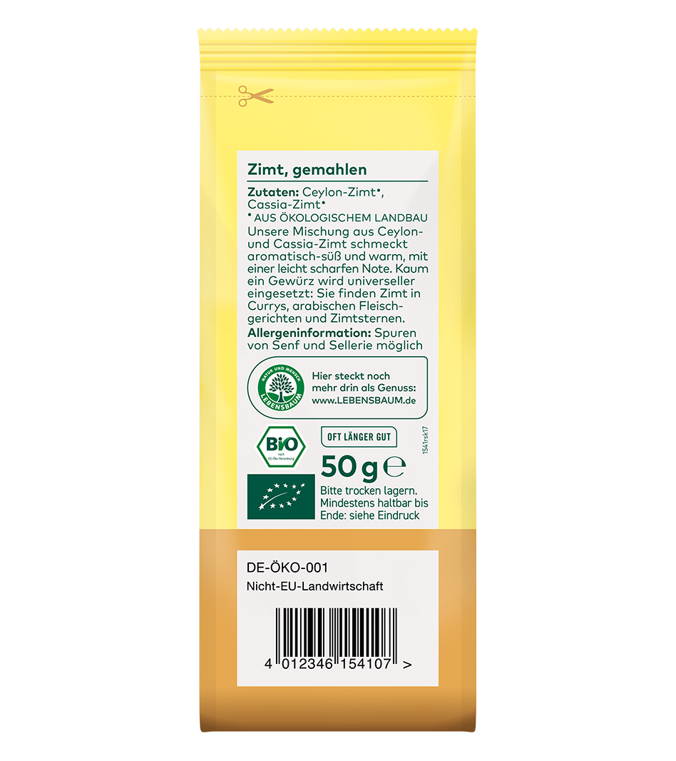 Gelbe Gewürzmischung Zimt gemahlen, 50g Bio-Packung mit Etikett, Ceylon- und Cassia-Zimt aus ökologischem Landbau, Lebensbaum-Zertifikat