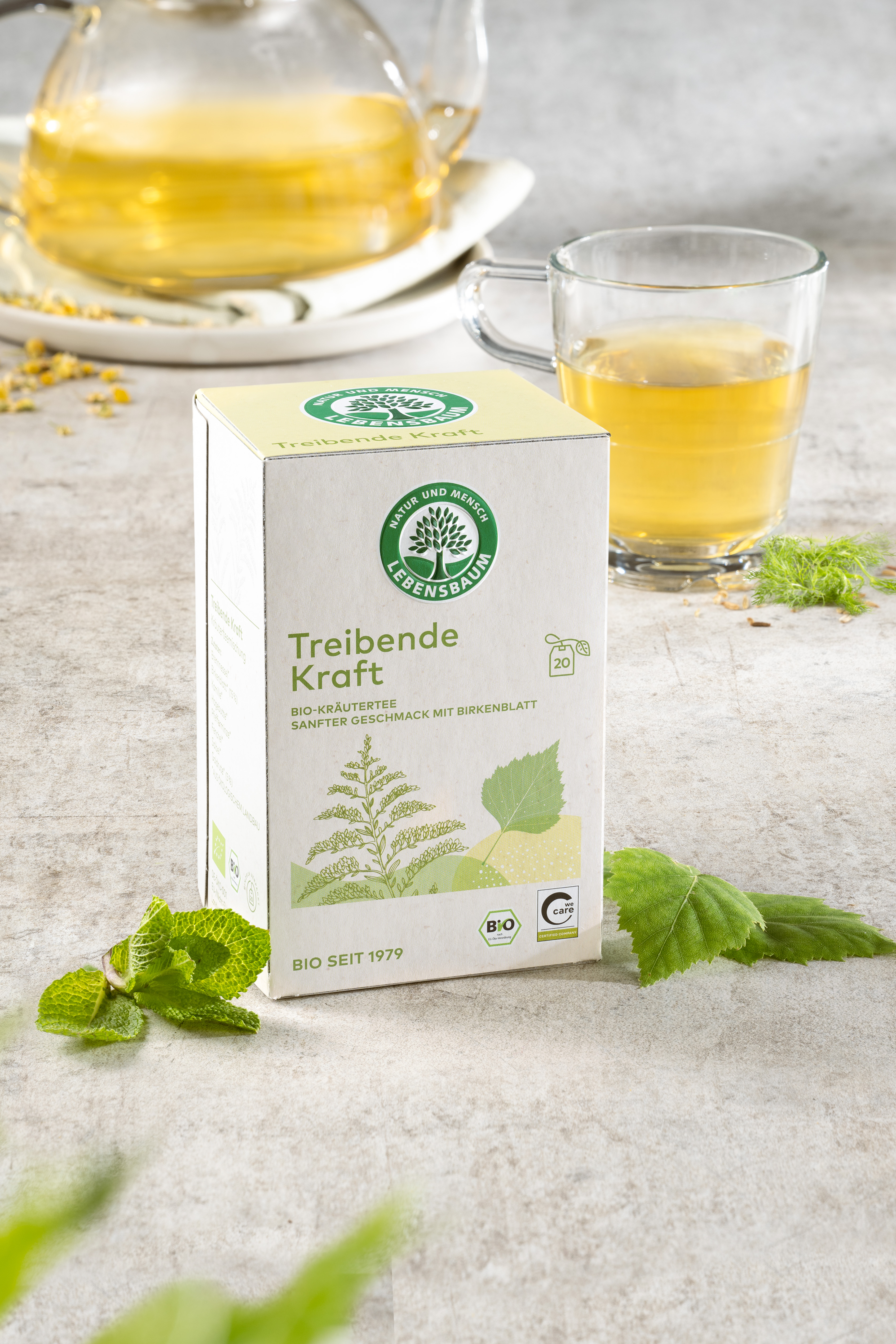 Lebensbaum Treibende Kraft Bio-Kräutertee mit Birkenblatt in weißer Verpackung, umgeben von frischen Blättern und Tassen mit gelblichem Tee