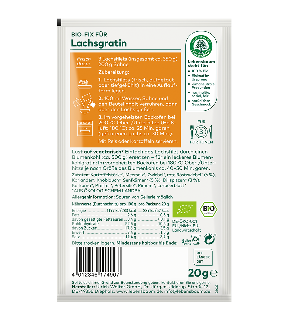 Bio-Fix für Lachsgratin von Lebensbaum, 20g Gewürzmischung mit Zutaten und Zubereitungsanleitung auf der Verpackung.