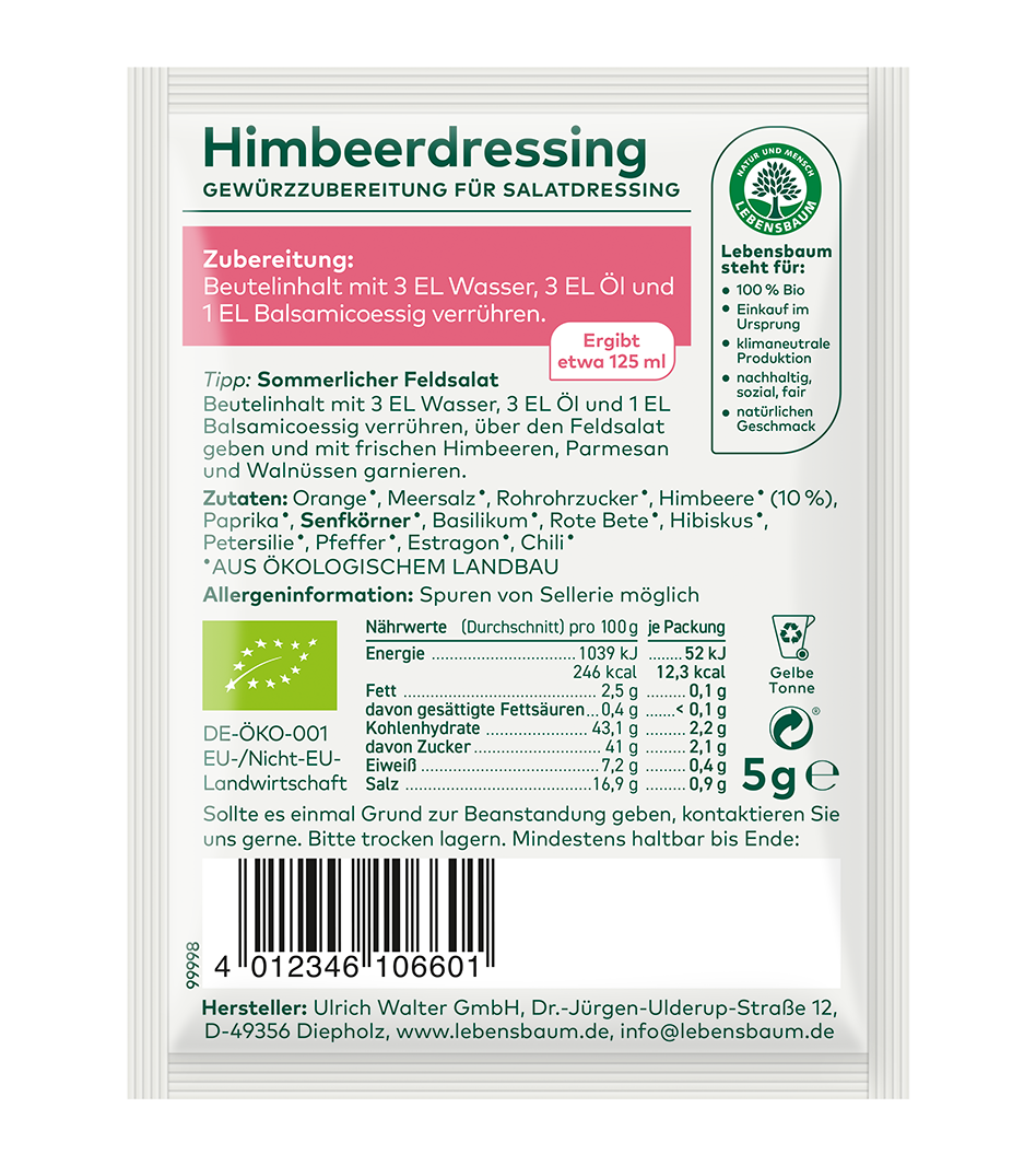 Bio-Gewürzzubereitung Himbeerdressing von Lebensbaum, 5g Tüte, mit Zutaten wie Himbeere, Paprika und Basilikum für Salatdressing.