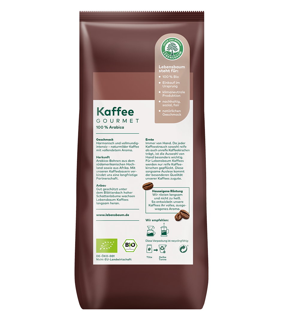 Lebensbaum Gourmet Kaffee 100% Arabica, 500g Packung, Bio-zertifiziert, kräftige Röstung mit harmonisch-vollmundigem Aroma