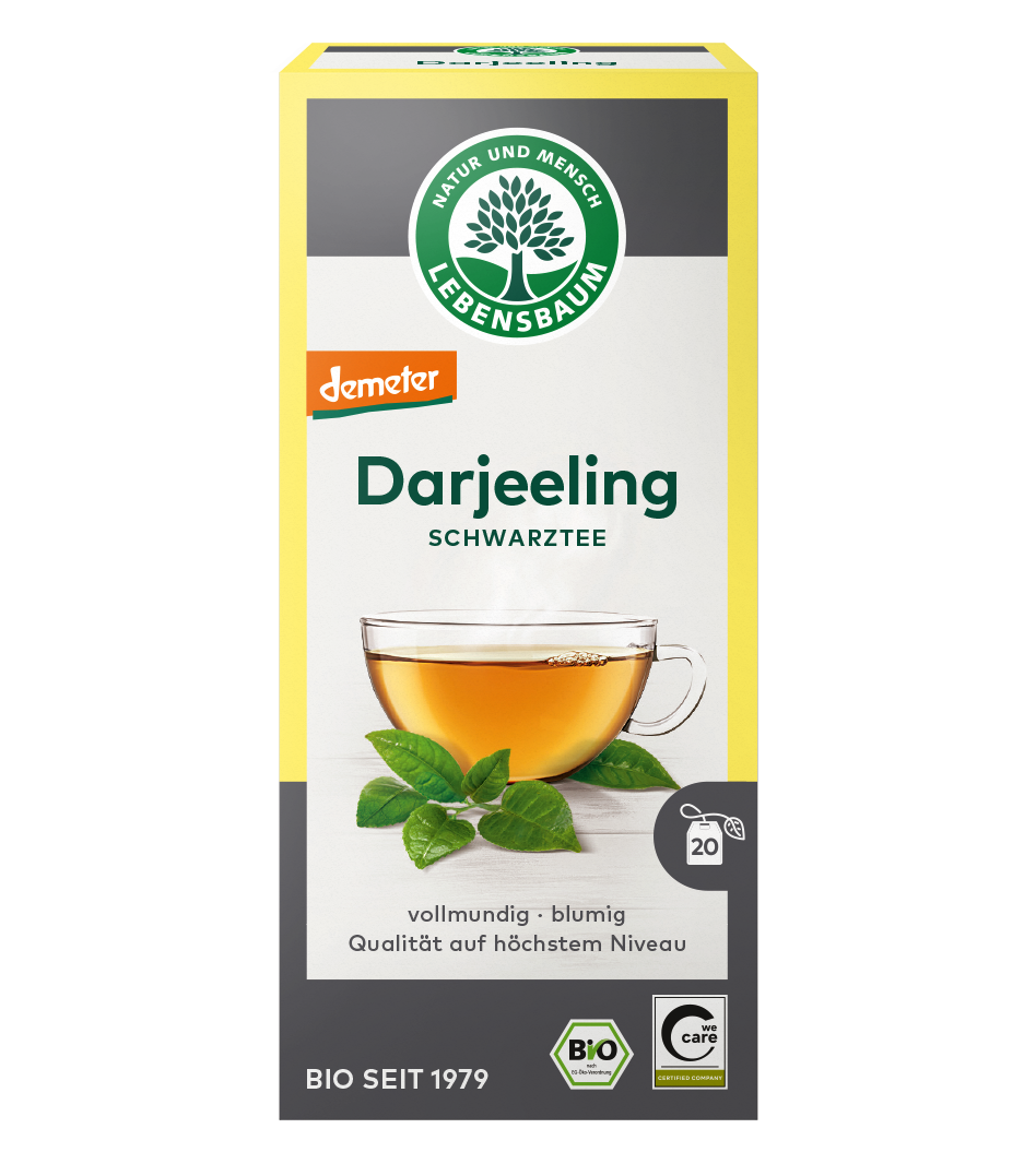 Lebensbaum Darjeeling Schwarztee Bio, 20 Teebeutel, goldgelbe Tasse mit grünen Blättern, gelbe Verpackung