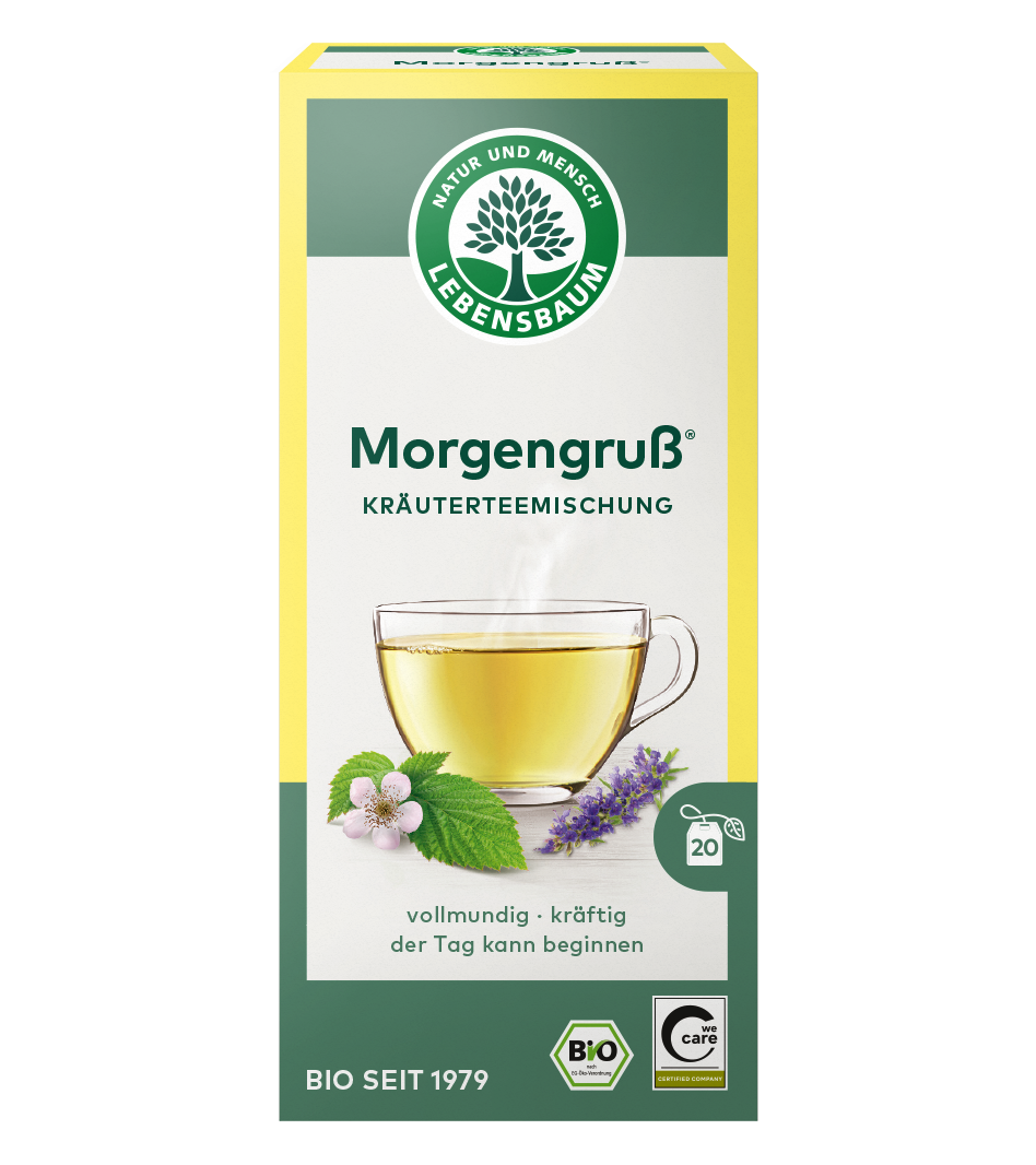 Lebensbaum Morgengruß Kräuterteemischung, Bio, 20 Teebeutel in grün-gelber Verpackung mit Tasse Tee