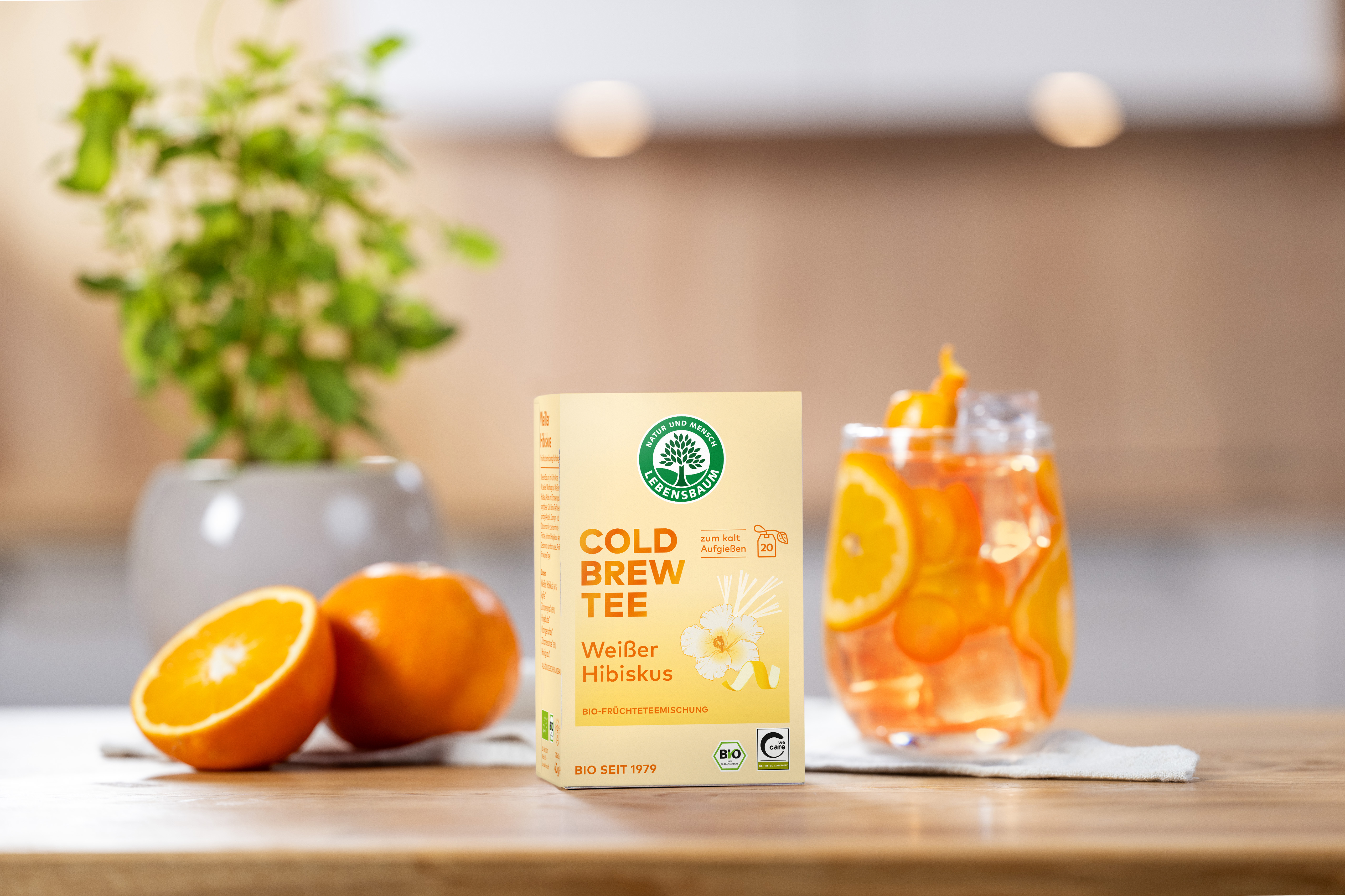 Cold Brew Verpackung steht auf einer Holzplatte. Daneben ist eine aufgeschnittene Orange  und ein Glas mit kaltem Tee  