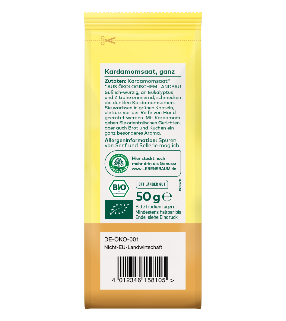 Bio-Kardamomsaat ganz, 50g, gelbe Verpackung mit weißem Etikett, Öko-Zertifikat und Barcode sichtbar