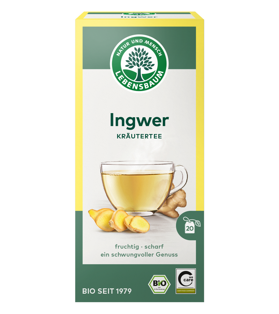 Lebensbaum Ingwer Kräutertee, 20 Beutel, Bio-Qualität. Packung mit gelbem Rand, grünem Design und Tasse mit gelblichem Tee und frischen Ingwerstücken.