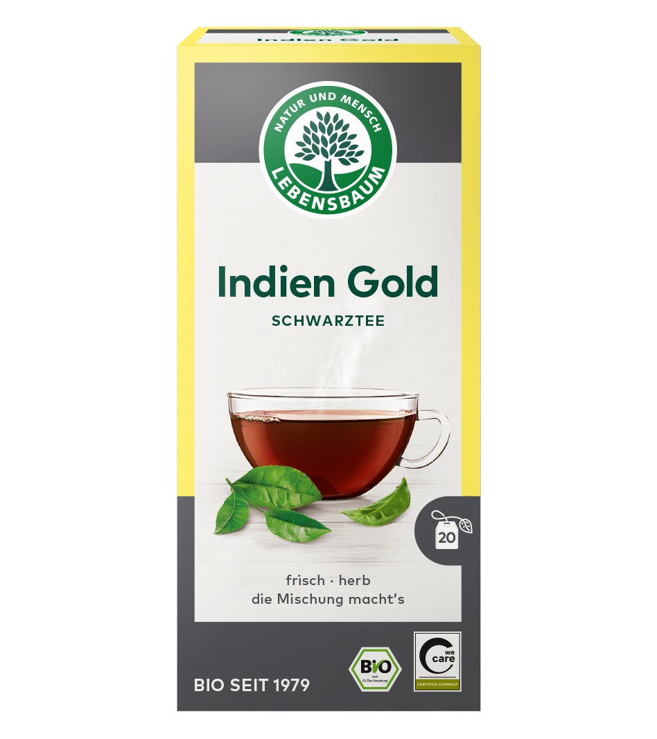 Lebensbaum Indien Gold Schwarztee Bio, 20 Teebeutel, gelbe Verpackung mit Teeglas und grünen Blättern