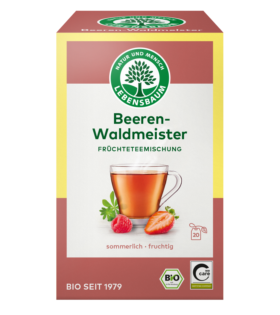 Lebensbaum Beeren-Waldmeister Früchtetee, 20 Beutel, Bio-Qualität, rote Verpackung mit Beerenfrucht und Teetasse