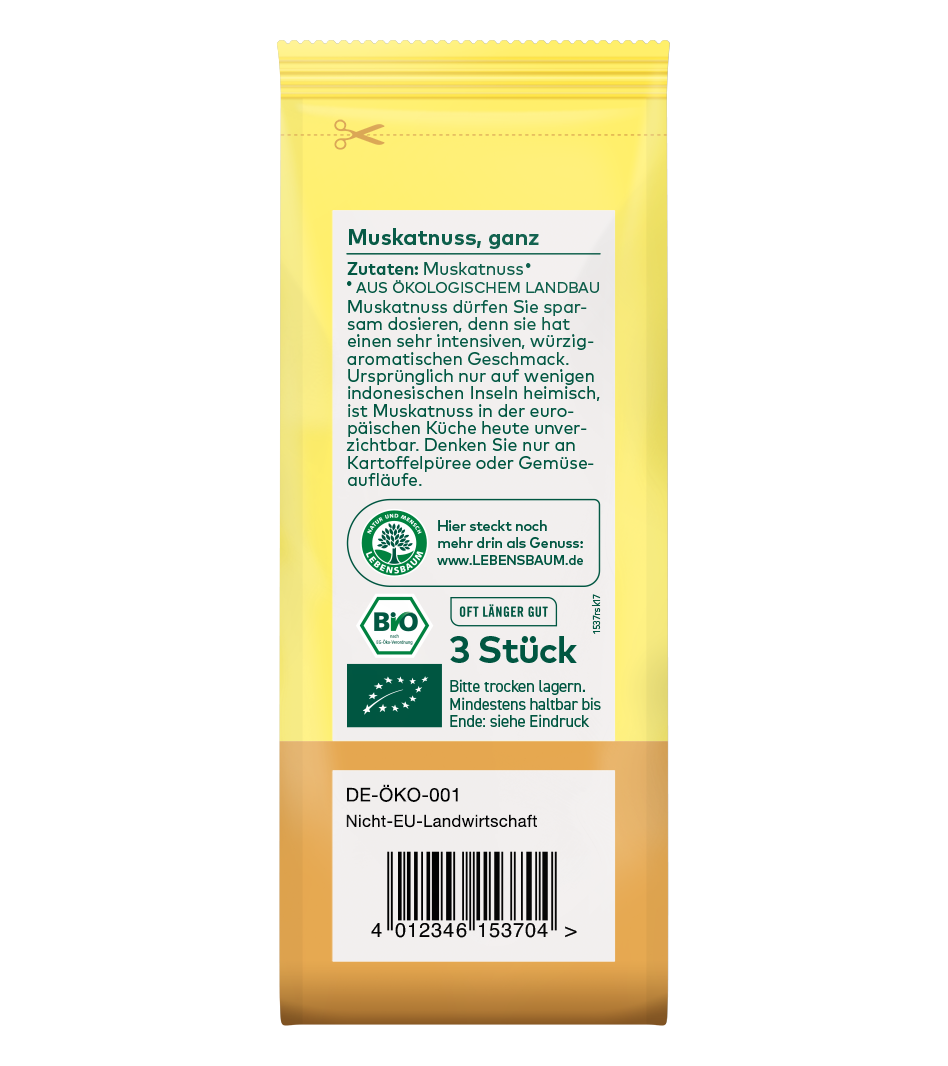 Muskatnuss, ganz – Bio-Gewürz in gelber Verpackung mit weißem Etikett, 3 Stück, aus ökologischem Anbau
