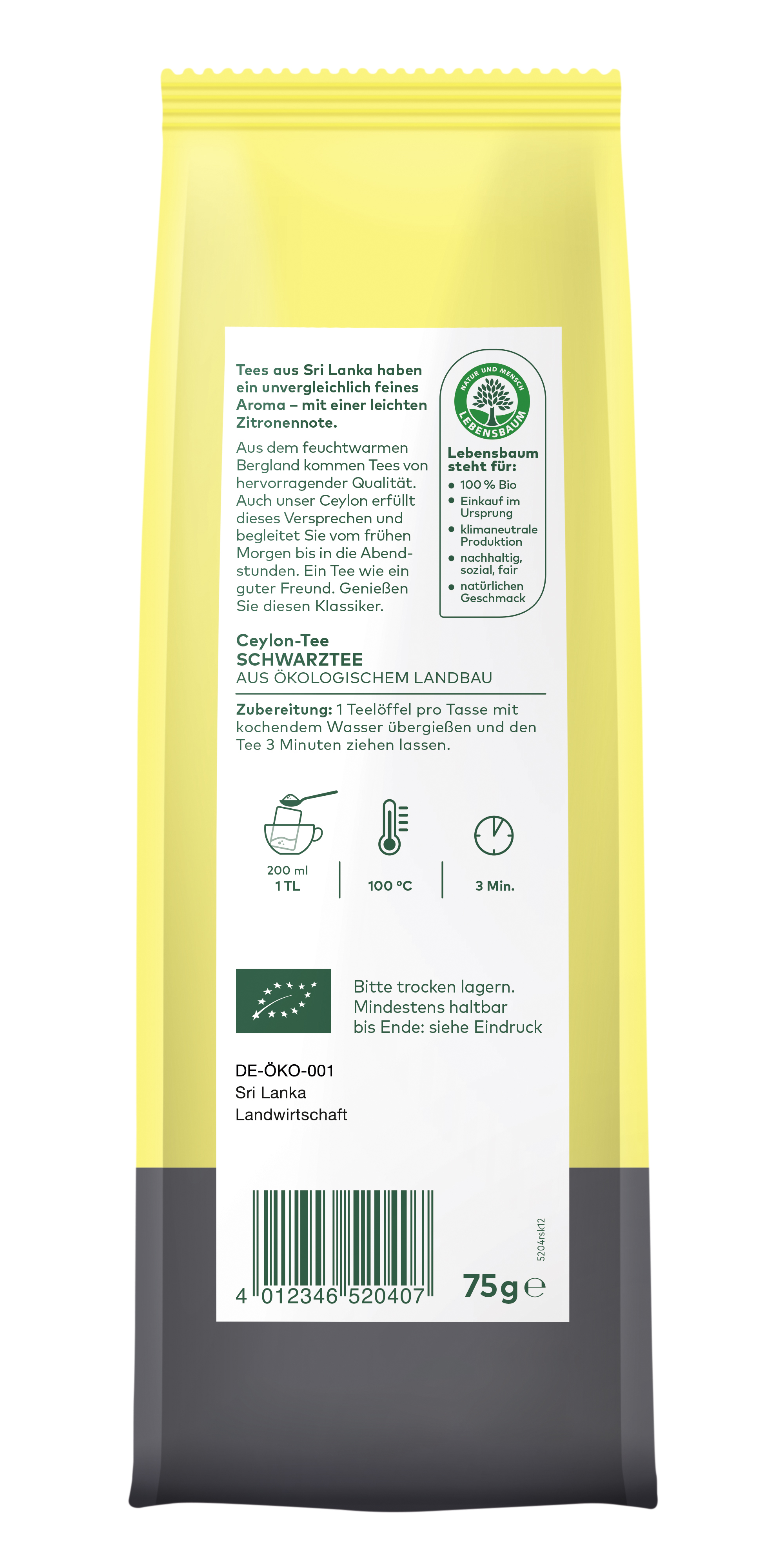 Ceylon-Schwarztee aus biologischem Anbau in gelb-schwarzer 75g Verpackung mit Lebensbaum-Zertifikat