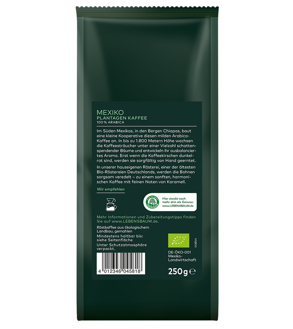 Lebensbaum Mexiko Plantagen Kaffee gemahlener Bio-Arabica-Kaffee 250g in dunkelgrüner Verpackung mit Zertifizierungslogo