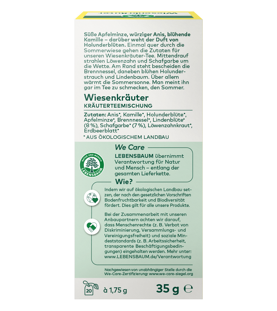 Wiesenkräuter Kräuterteemischung 35g Packung mit Anis, Kamille, Holunderblüte und Brennnessel aus ökologischem Landbau.