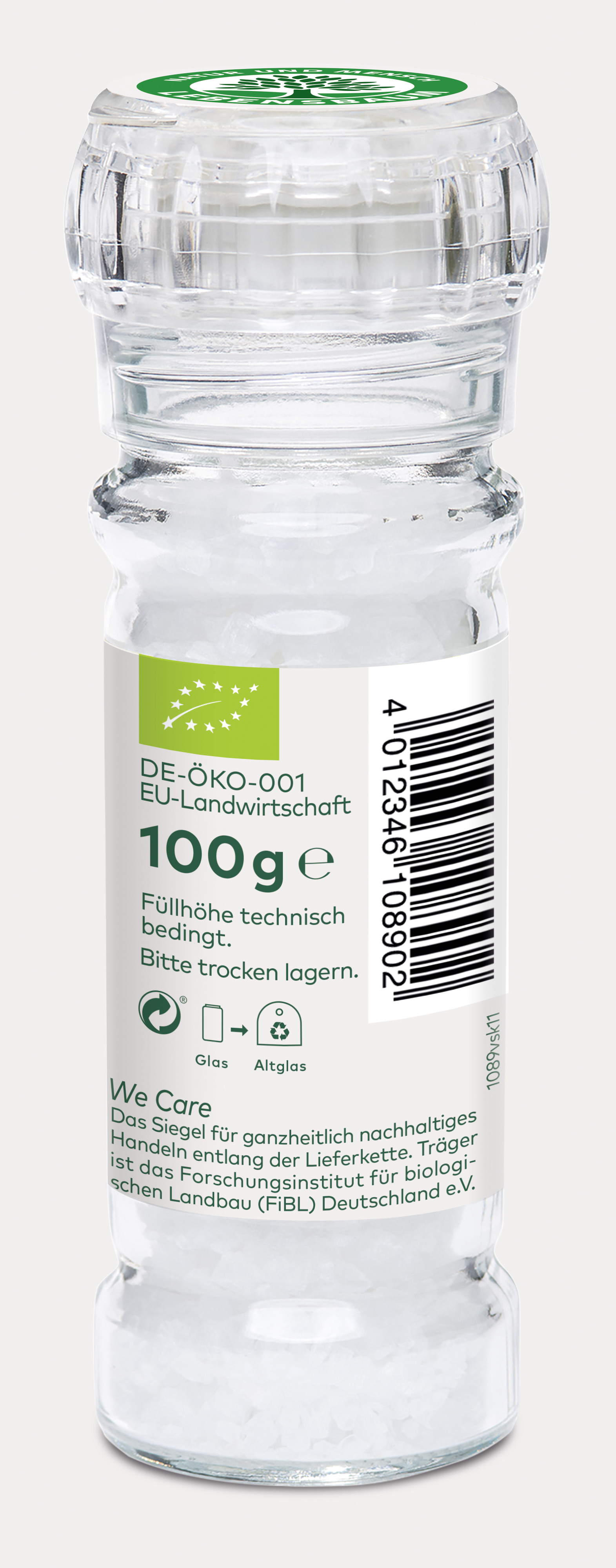 Meersalz-Mühle 100g mit grünem Deckel, Bio-Siegel und Recycling-Hinweis, Glaskörper mit Etikett