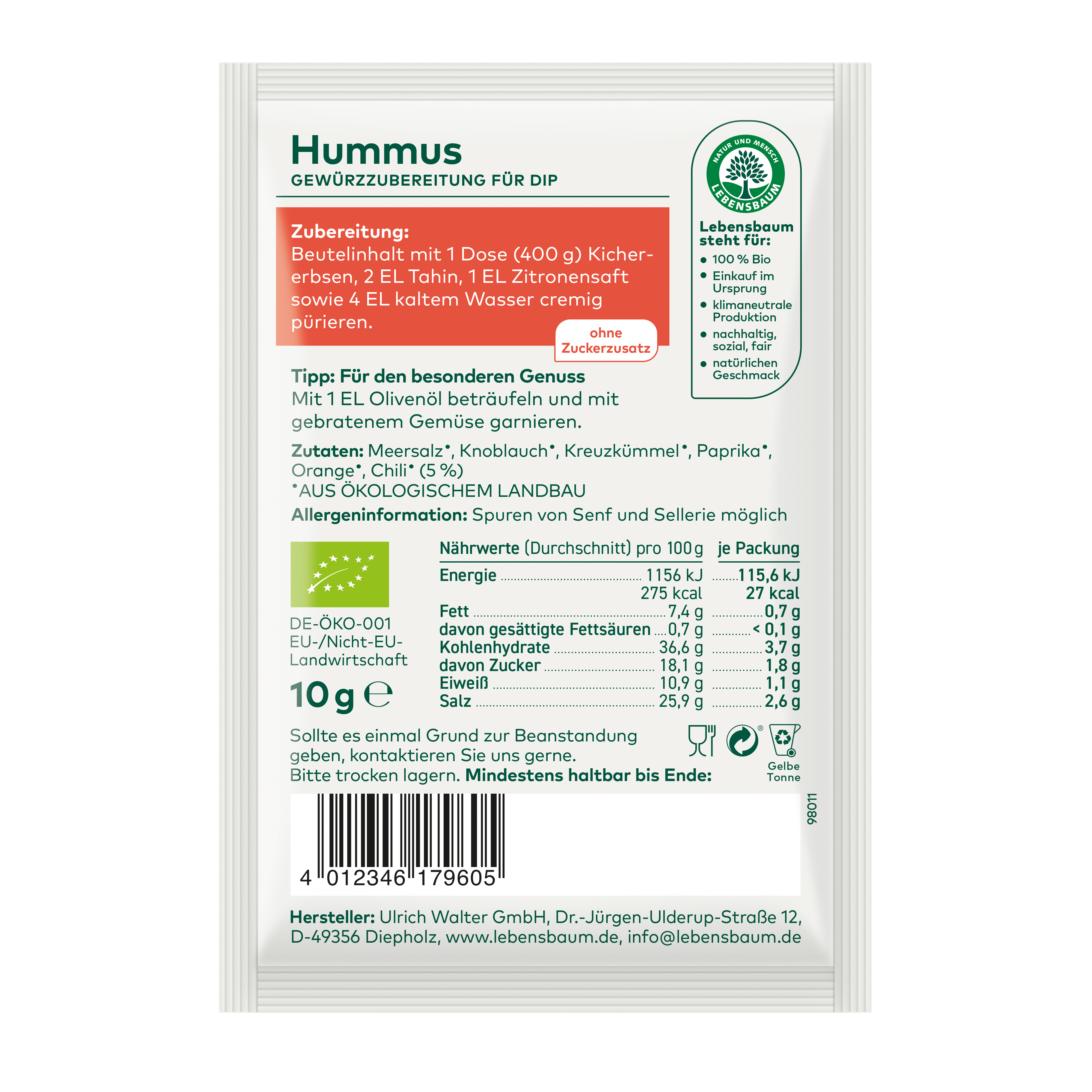 Hummus Gewürzzubereitung für Dip Rückseite