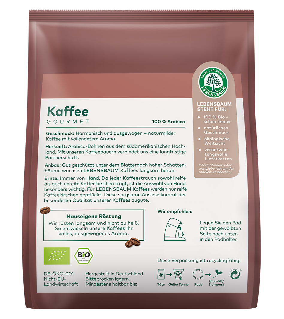 LEBENSBAUM Gourmet Kaffee Pads, 100% Arabica Bio, braune Verpackung mit grünem Logo und Produktinformationen