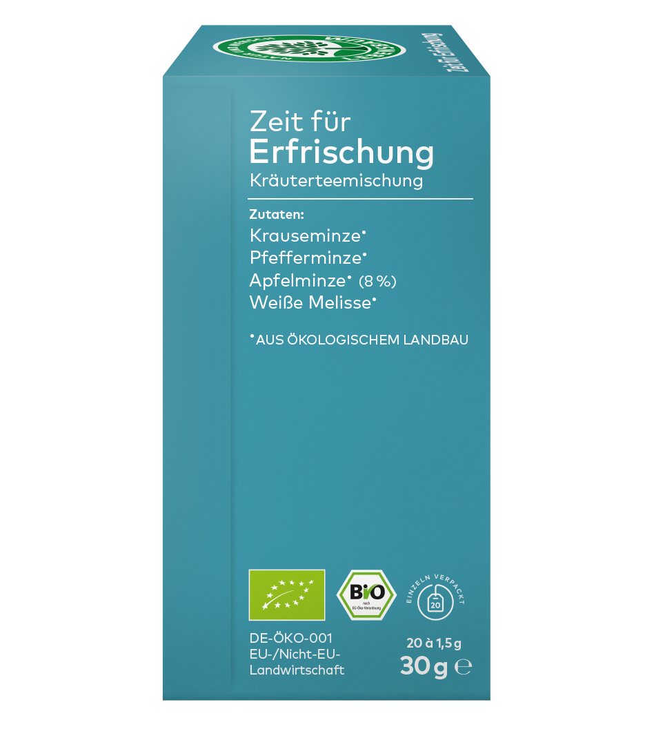 Türkisgrüne Teepackung "Zeit für Erfrischung" mit Bio-Kräuterteemischung, 20 Beutel à 1,5g, aus ökologischem Anbau mit Krauseminze, Pfefferminze, Apfelminze und Weiße Melisse.
