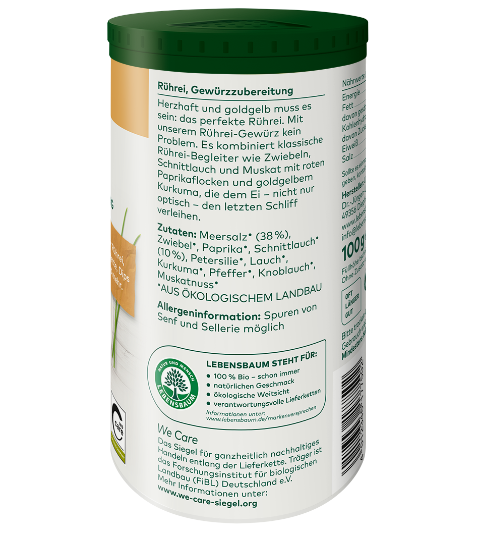 Rührei-Gewürzzubereitung in 100g Dose mit grünem Deckel, Bio-Zertifikat und Zutatenliste mit Meersalz, Zwiebel und Paprika