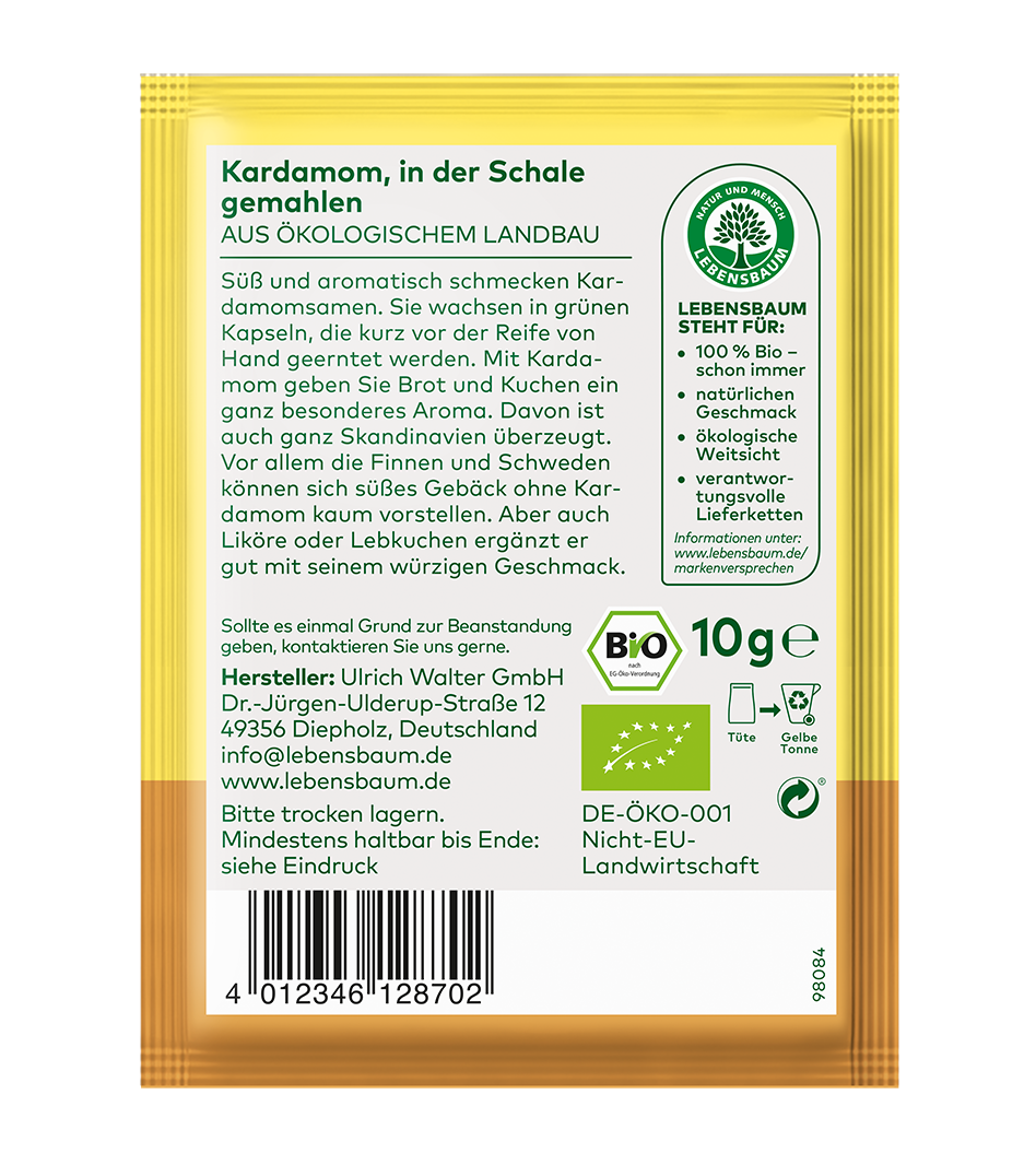 Bio-Kardamom, gemahlene Schale, 10g Lebensbaum, gelb-braunes Sachet mit grünem Bio-Siegel und Lebensbaumlogo.