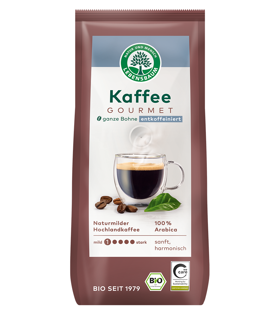 Lebensbaum Kaffee Gourmet, ganze Bohne entkoffeiniert, 100% Arabica, Naturmilder Hochlandkaffee, Bio-Qualität, 250g Packung