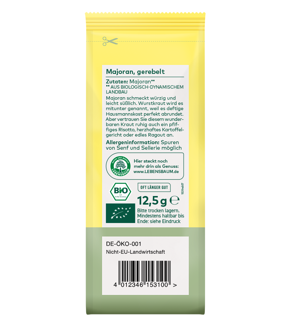 Bio-Majoran gerebelt in gelber 12,5g Verpackung mit weißem Etikett, Bio-Siegel und EU-Öko-Zertifikat