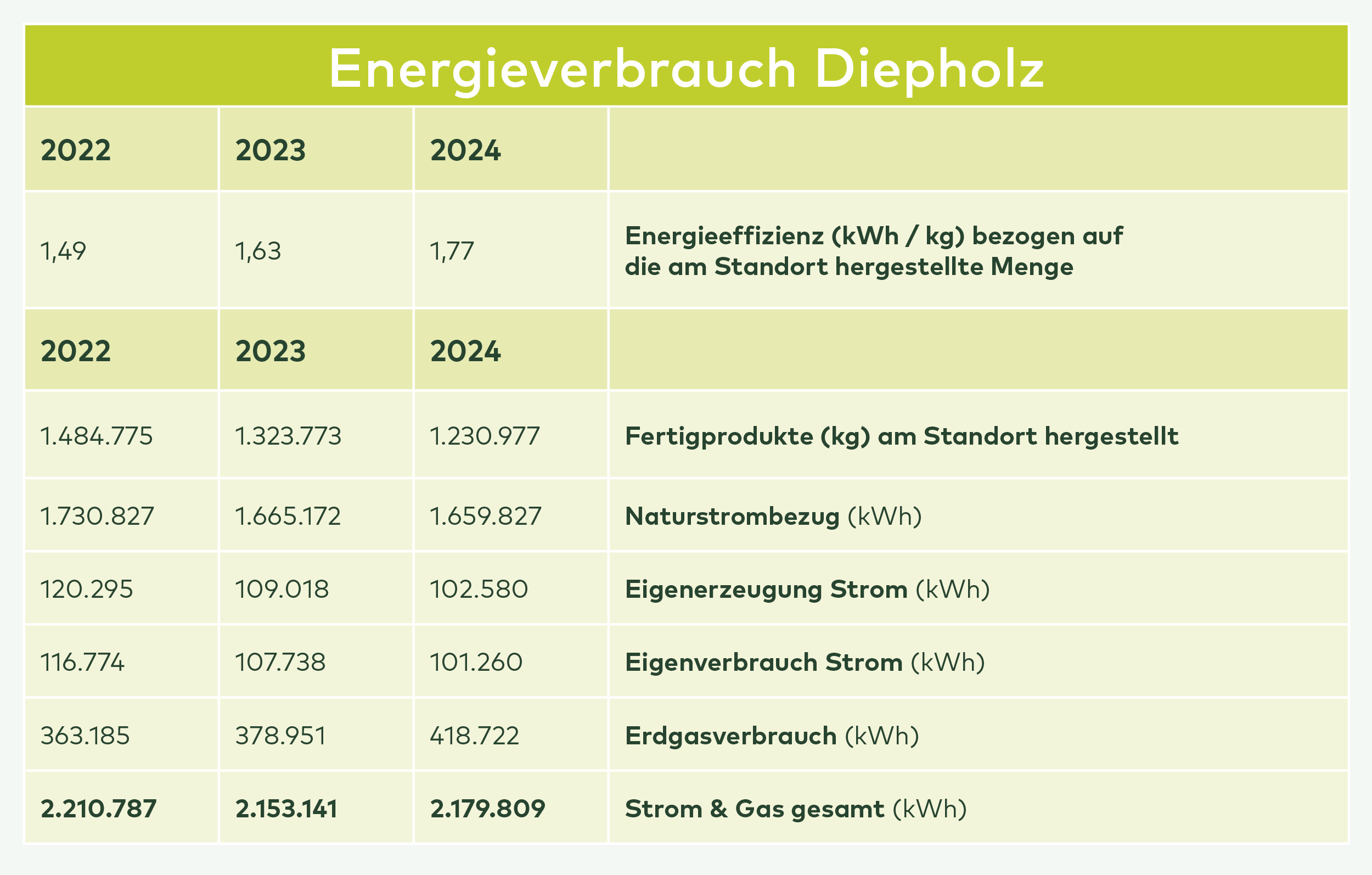 Tabelle Energieverbrauch Diepholz-Werk: Energieeffizienz, Fertigprodukte, Naturstrom-, Strom- und Gasverbrauch 2022-2024