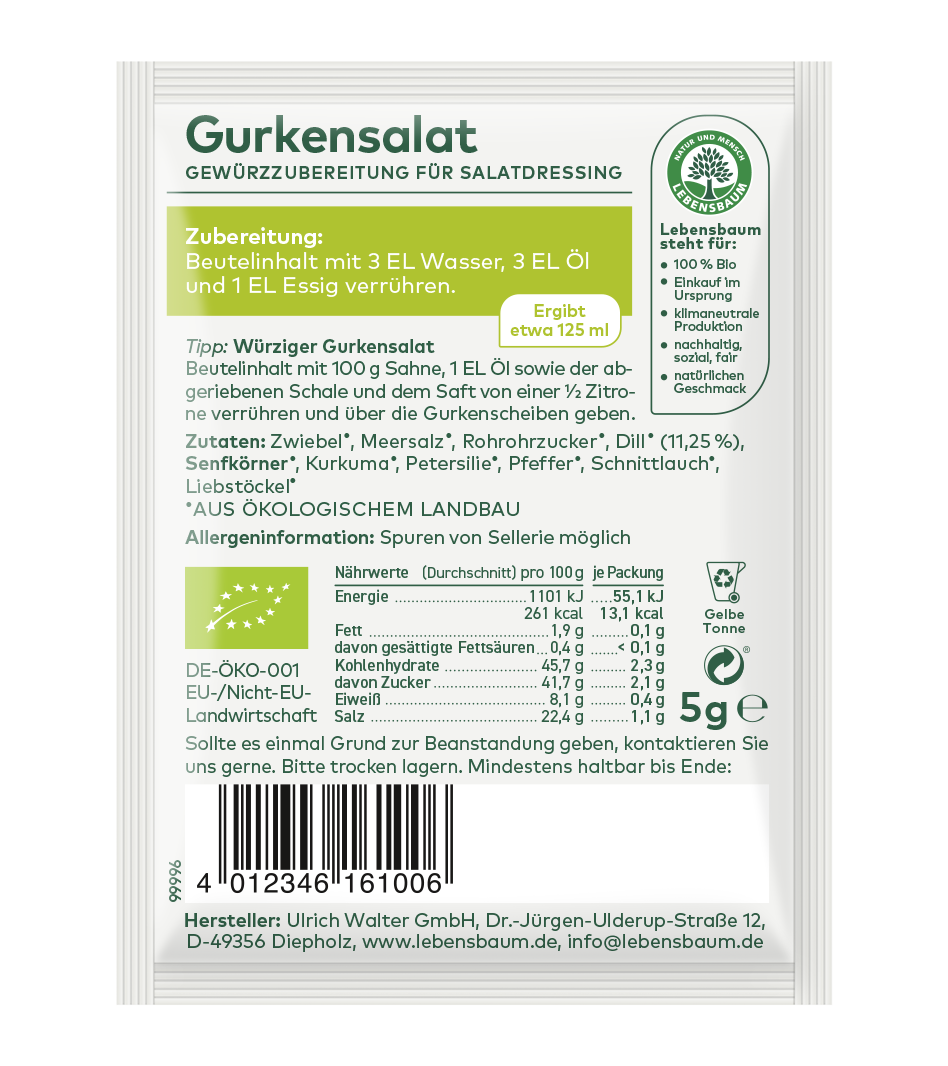 Gurkensalat Gewürzzubereitung 5g Päckchen von Lebensbaum, Bio-Salatdressing mit Zwiebel, Meersalz, Rohrrzucker und Gewürzen