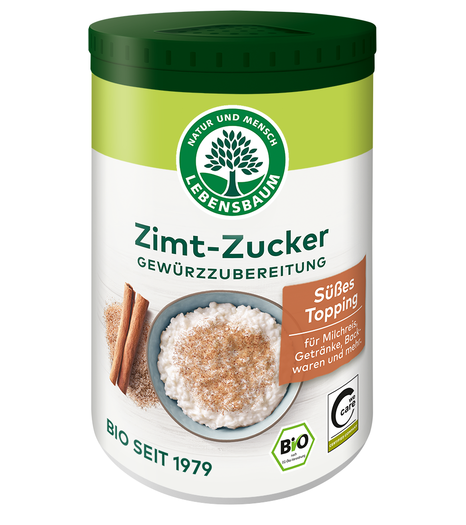 Lebensbaum Bio Zimt-Zucker Gewürzzubereitung in grün-weißer Dose mit Streuer, zum Topping für Milchprodukte und Getränke