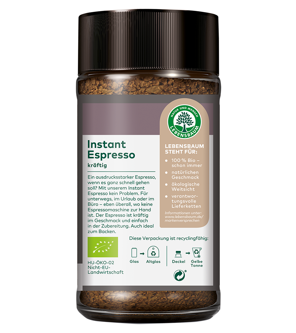 Lebensbaum Instant Espresso kräftig in Glasflasche mit schwarzem Schraubverschluss, Bio-Qualität, braune Kaffeegranulate sichtbar