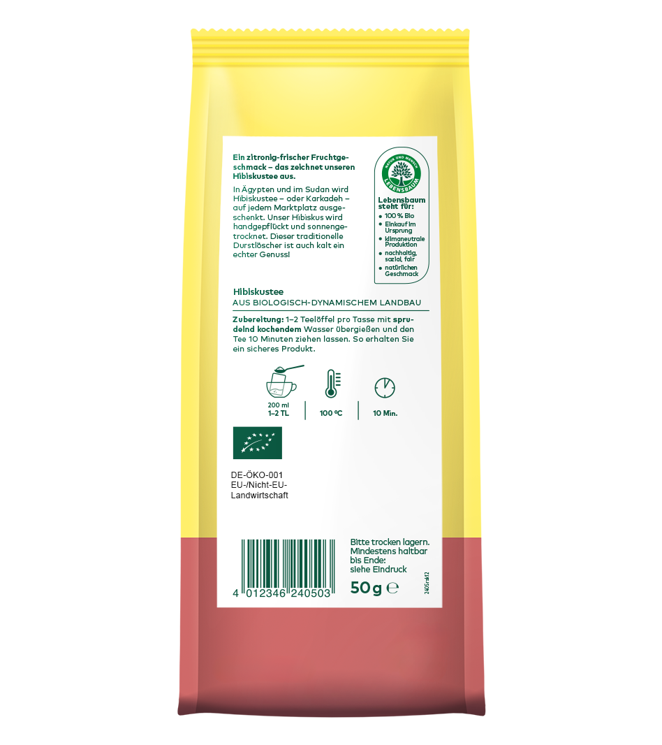Bio-Hibiskustee aus biologisch-dynamischem Anbau, 50g Packung gelb-rot, mit Zubereitungsanleitung und Lebensbaum-Zertifikat.