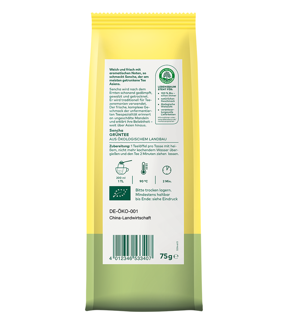 Sencha Grüntee aus ökologischem Landbau, 75g Packung in Gelb-Grün mit Zubereitungsanleitung und Bio-Zertifikat