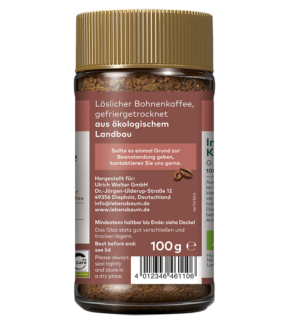 Löslicher Bio-Bohnenkaffee, gefriergetrocknet, 100g Glas mit goldenem Schraubdeckel, braune Etikette, aus ökologischem Landbau.