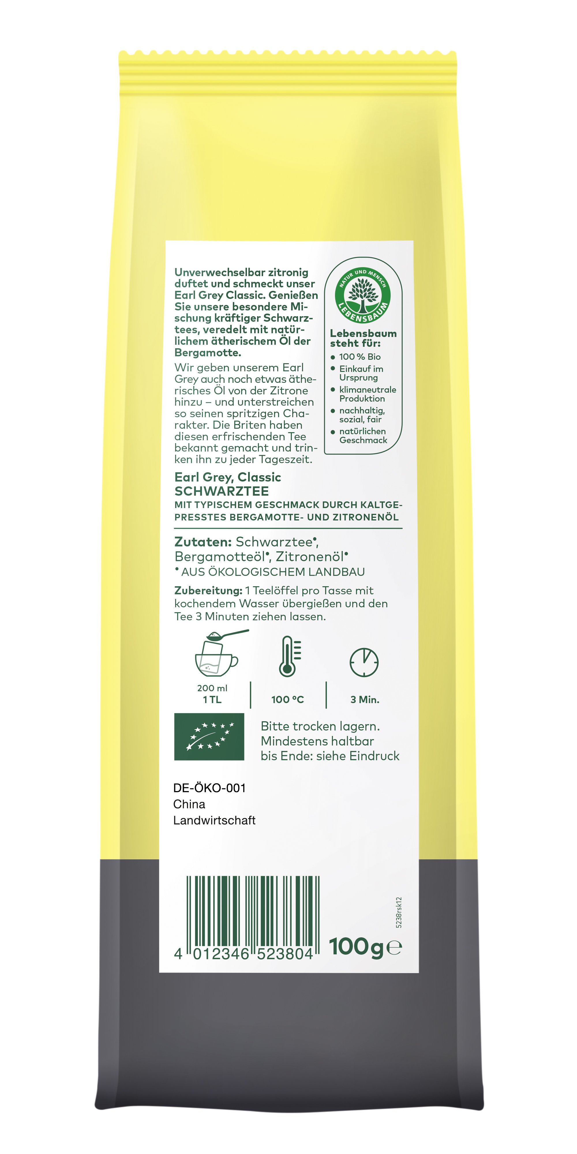 Gelb-schwarze 100g Packung Earl Grey Classic Schwarztee Bio mit Bergamotte- und Zitronenöl, Lebensbaum-Siegel, Zubereitungshinweis
