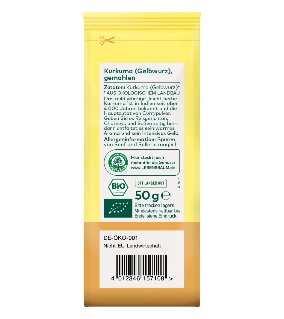 Bio Kurkuma (Gelbwurz) gemahlen, 50g Packung in Gelb mit Produktinformationen und Bio-Zertifikat