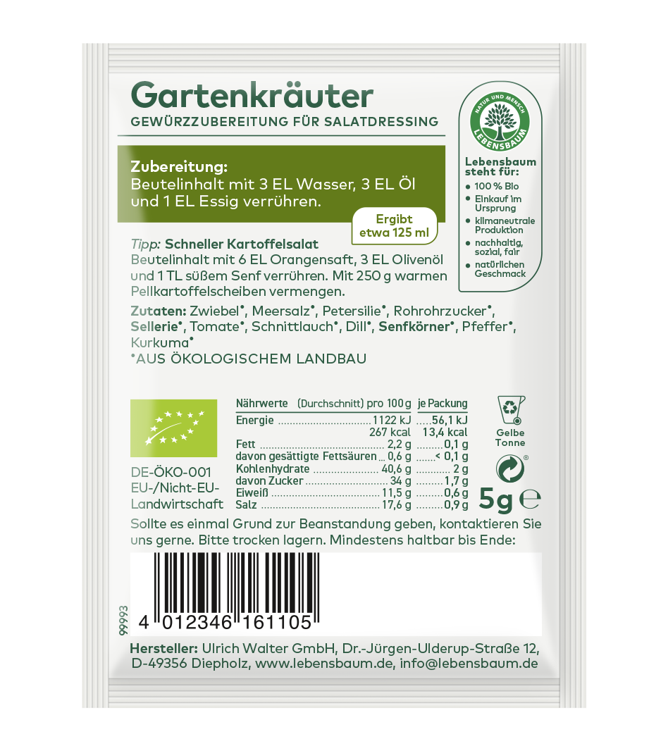 Gartenkräuter Gewürzzubereitung für Salatdressing, Bio-Mischung von Lebensbaum, 5g Sachtet mit Zutaten wie Zwiebel, Petersilie und Pfeffer.