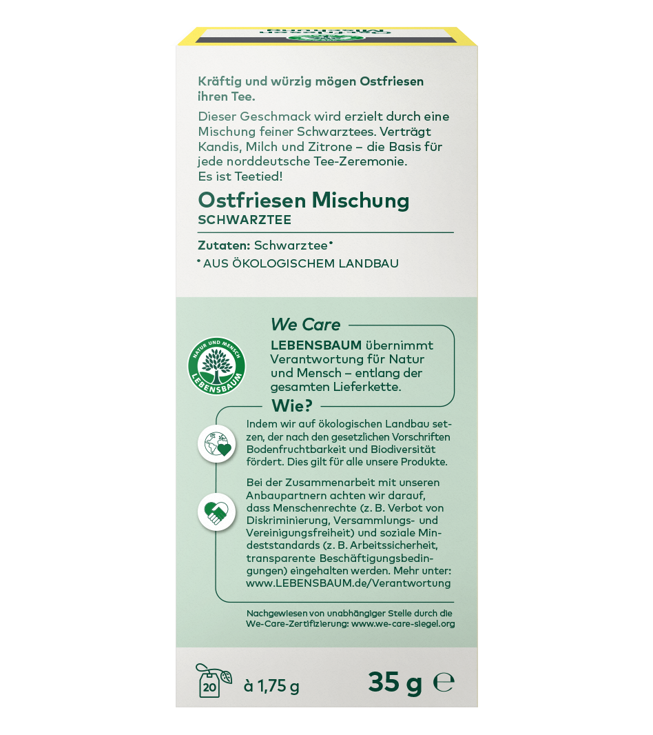 Ostfriesen Mischung Schwarztee, 35g Packung mit gelbem Deckel, Bio-Qualität aus ökologischem Anbau mit Lebensbaum-Zertifizierung.