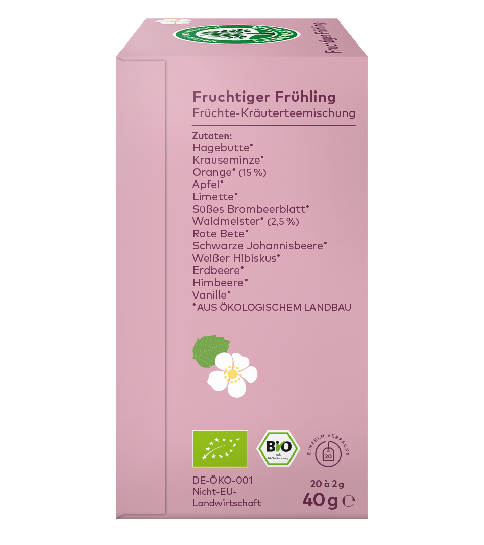 Fruehlingstee "Fruchtiger Frühling" Bio-Früchte-Kräuterteemischung in rosa Karton, 40g, mit Zutaten wie Orange, Hagebutte und Vanille