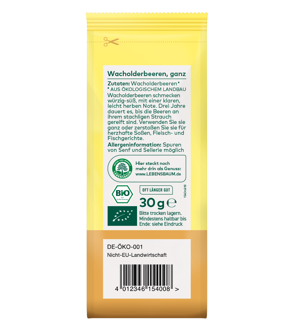 Bio-Wacholderbeeren, ganz, 30g gelbe Verpackung mit weißem Etikett, BIO-Zertifikat und EU-Öko-Siegel