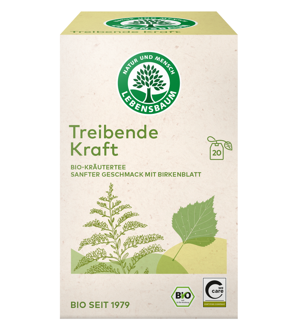 Treibende Kraft Bio-Kräutertee mit Birkenblatt, 20 Teebeutel in cremefarbener Schachtel mit grünem Logo und Pflanzenmotiven.