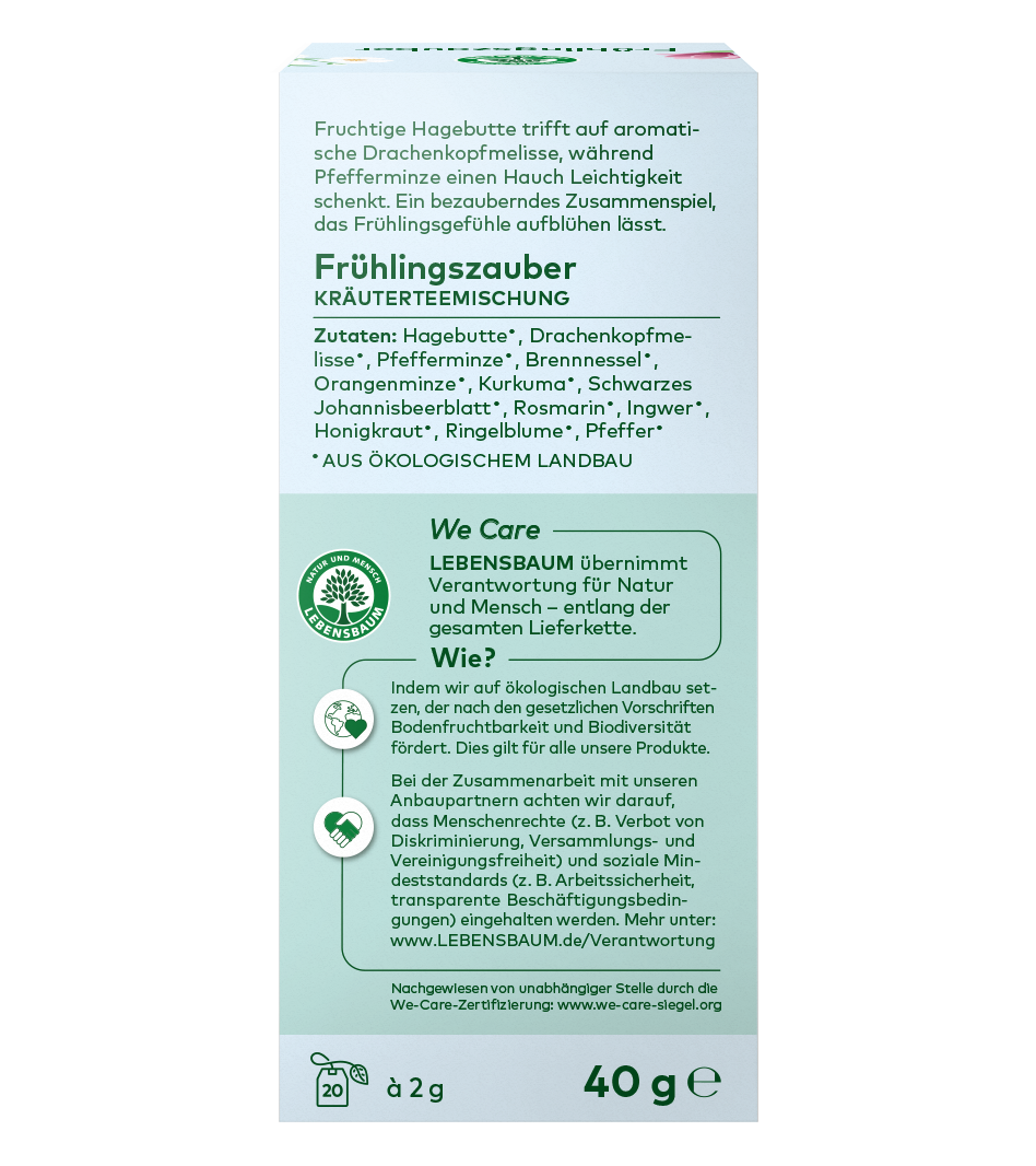 Frühlingszauber Kräuterteemischung 40g Packung mit Hagebutte, Drachenkopf und Pfefferminze aus ökologischem Anbau