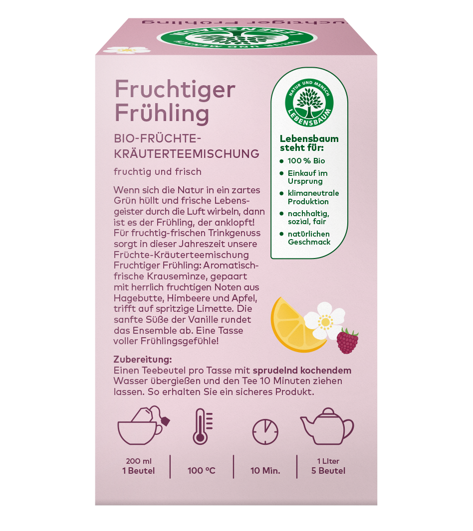 Lebensbaum Fruchtiger Frühling Bio-Früchte-Kräuterteemischung in rosa Verpackung mit Hagebuttenscheibe und Himbeere