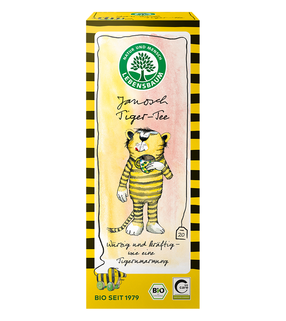 Lebensbaumm Janosch Tiger-Tee Bio, 20 Beutel, gelbe Verpackung mit gestreiftem Tiger-Illustration