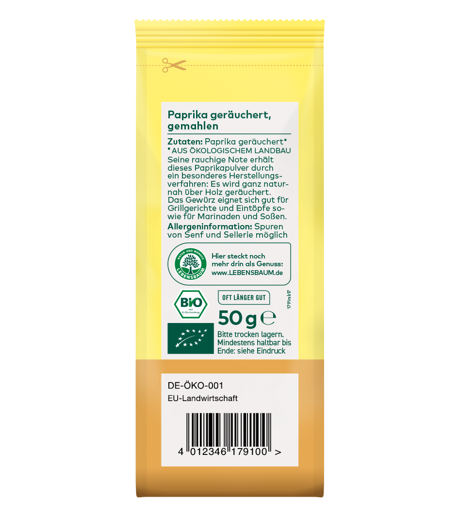 Bio-Paprika geräuchert, gemahlenes Pulver, 50g gelb-braune Verpackung mit Bio-Zertifikat und Öko-Label