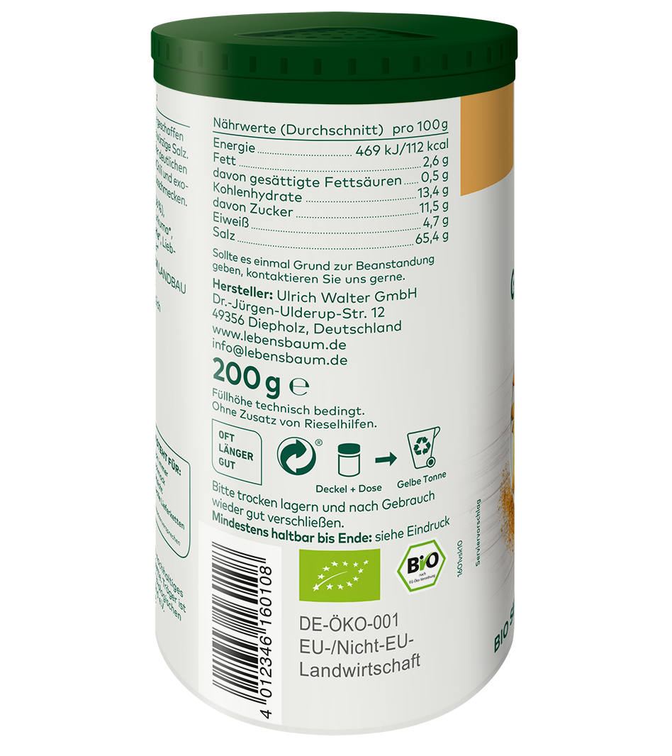 Bio-Speisesalz in weißer 200g Dose mit grünem Deckel, Nährwertangaben und EU-Öko-Zertifikat sichtbar.