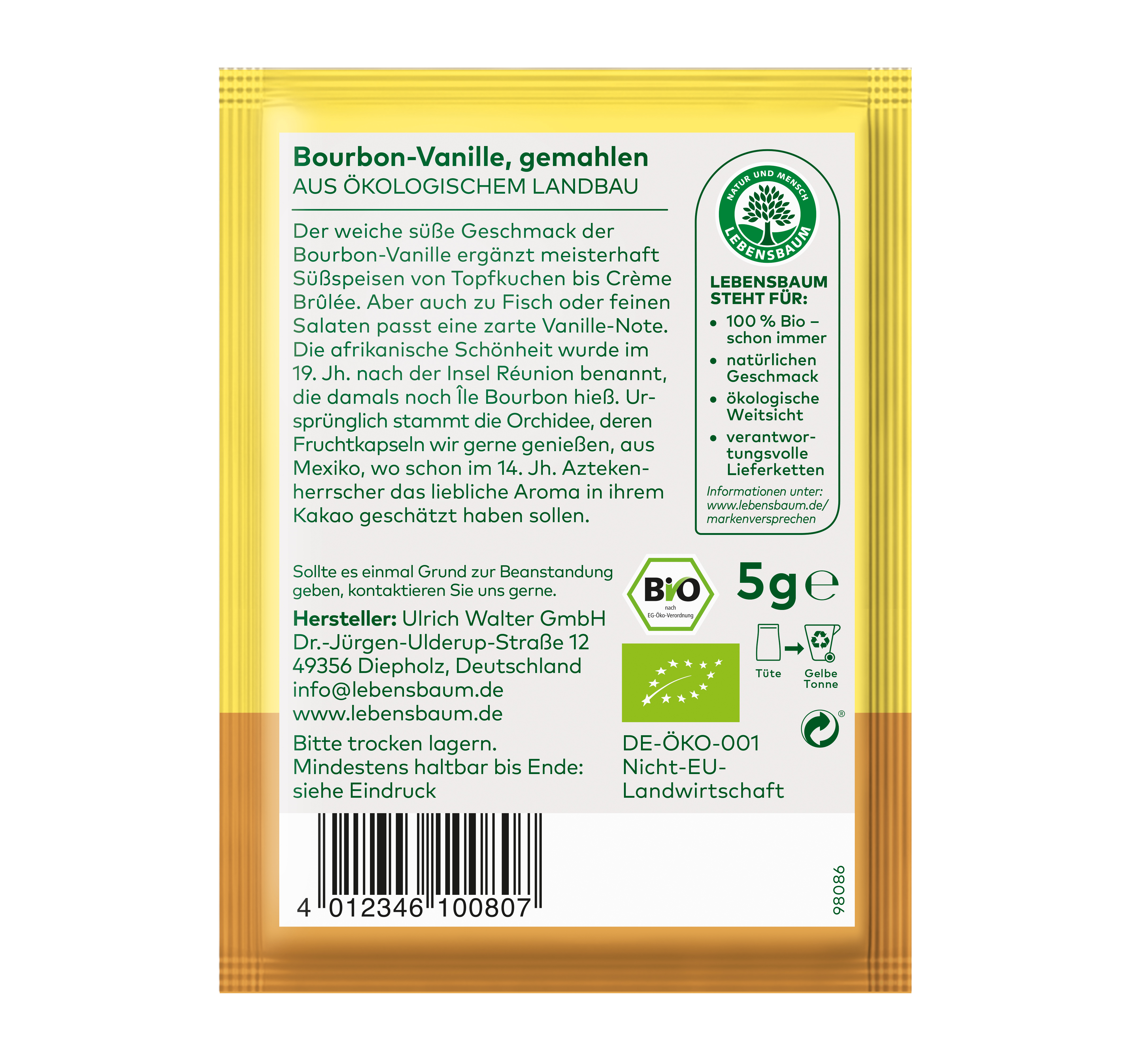 Bio Bourbon-Vanille gemahlen, 5g, ökologischer Landbau, gelb-braune Sachettverpackung mit Lebensbaum-Zertifikat