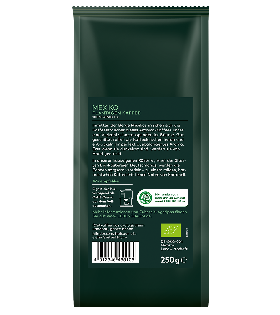 Lebensbaum Mexiko Plantagen Kaffee, 100% Arabica Bio, 250g Packung in dunkelgrüner Verpackung mit Produktinformationen und EU-Bio-Siegel