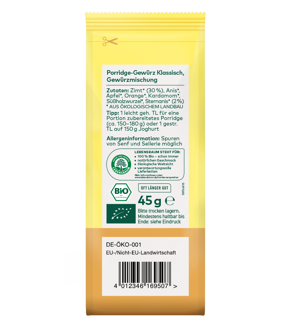 Bio Porridge-Gewürz Klassisch, 45g Packung. Gewürzmischung mit Zimt, Anis, Apfel und Orange. Gelbe Verpackung mit weißem Etikett und Bio-Siegel.