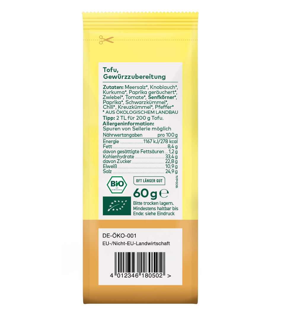 Bio-Tofu-Gewürzzubereitung 60g in gelber Verpackung mit Zutatenliste, Nährwertangaben und EU-Öko-Zertifikat.