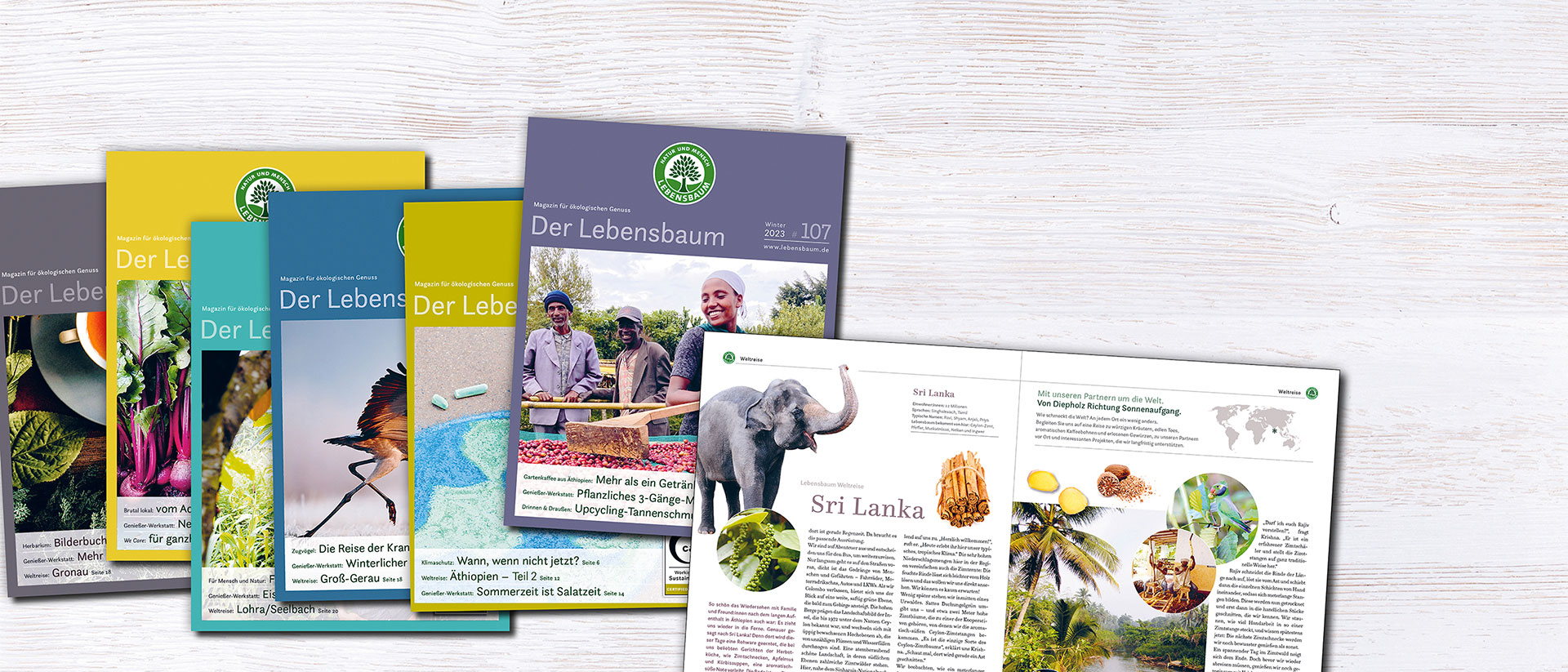 Kundenmagazin "Der Lebensbaum" mit mehreren Ausgaben und aufgeschlagenen Seiten zu Sri Lanka, zeigt Fairtrade-Produkte und Anbaupartner.