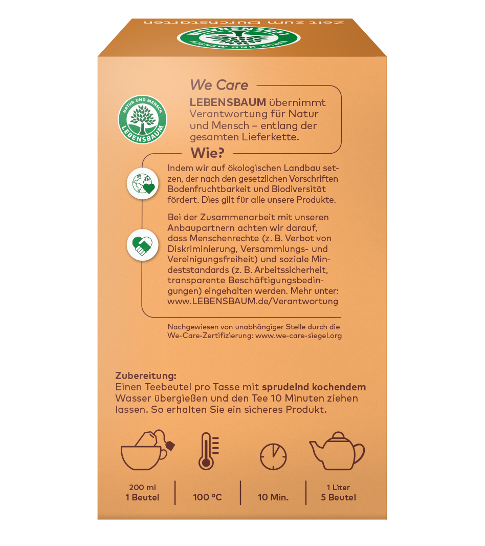Lebensbaum Teeverpackung in Beige mit grünem Logo, Zubereitung 200ml Wasser 100°C 10 Minuten, We Care Zertifizierung für ökologischen Anbau und faire Arbeitsbedingungen.